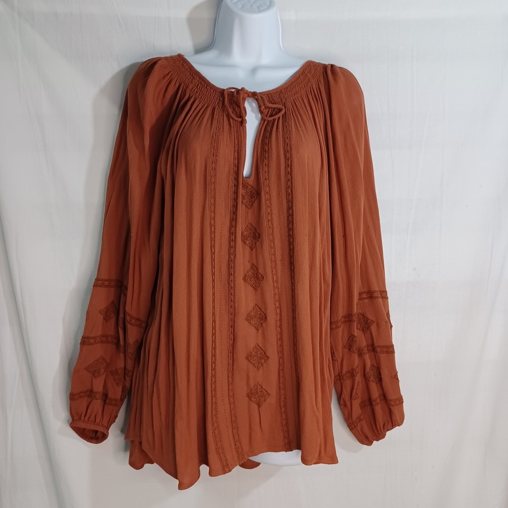 Women's Amuse Society Brown/Orange Hippie Boho Embroidered Accent Balloon Sleeve